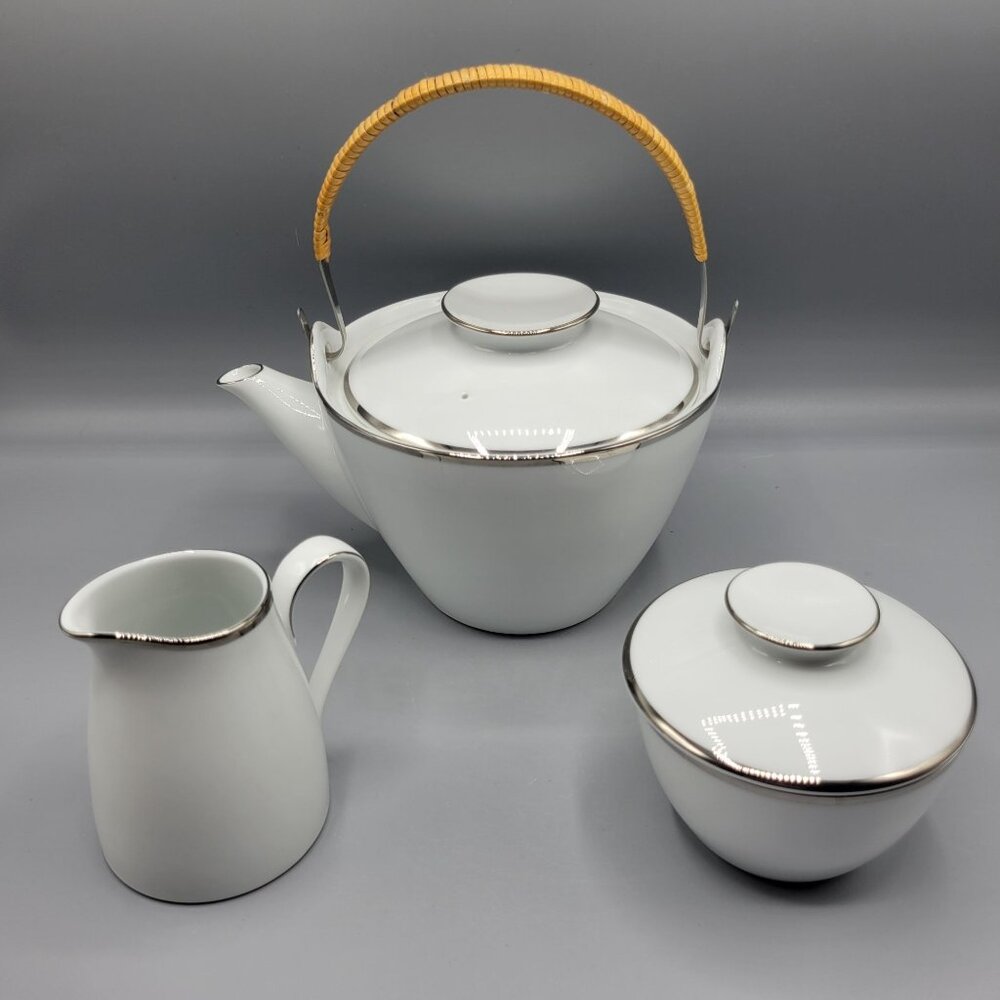 Vtg Noritake Pilgrim White Porcelain Teapot Sugar & Creamer Set Made In Japan